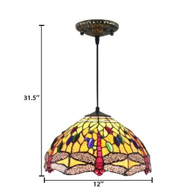 Tiffany Style Pendant Light Colorful Dragonfly Glass Lamp Shade in Dome Shaped, 12