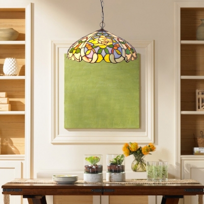 Vintage Art 16-Inch Wide Pendant Light with Dome Glass Shade in Colorful, Tiffany Style
