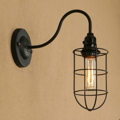 Wire Guard Wall Mount Light Nautical Style Metal 1 Light Lighting Fixture in Black with Gooseneck