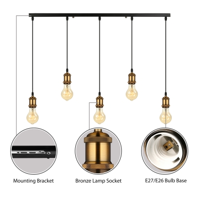5 Light Hanging Linear LED Mulit Light Pendant in Antique Brass for Kitchen Pool Table Bar Counter