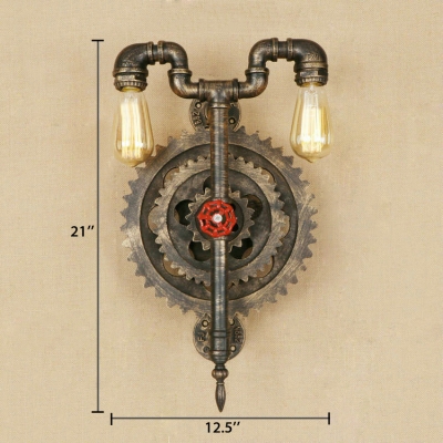 Bronze Finish Gear Design Wall Light Rustic Style Iron 2 Lights Sconce Light for Living Room