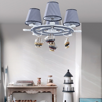 Checkered Design Chandelier with Sailboat Boys Bedroom Fabric Shade 4 Lights Hanging Lamp in Chrome
