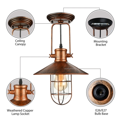 Industrial Hanging Pendant Light with Flared Shade Wire Metal Cage in Rust