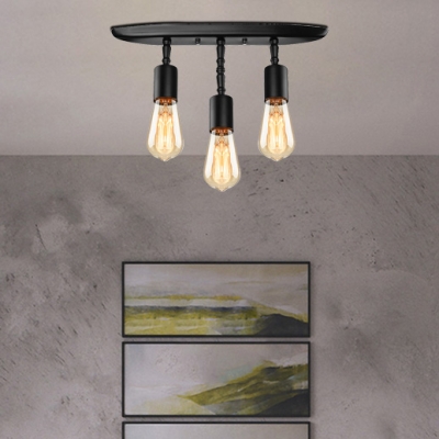 Industrial Vintage Semi-Flush Mount Ceiling Light in Black, Triple Light