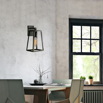 Matte Black Single Light Wall Sconce Industrial Retro Iron Trapezoid Wall Light with Glass Shade