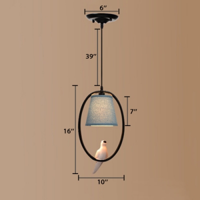 Metallic Halo Ring Hanging Lamp with Bird Decoration American Retro 1 Bulb Pendant Light in Black