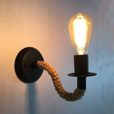 Rope Bare Bulb Wall Sconce Industrial 1 Light Mini Wall Mount Fixture in Black for Porch