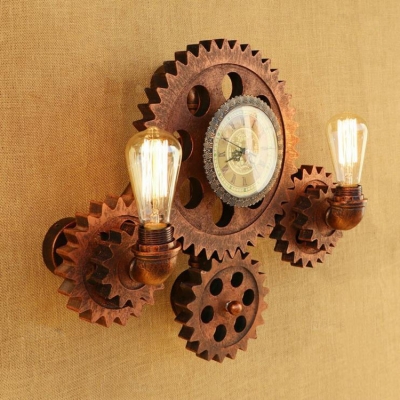 Rust Finish Gear Sconce Light Vintage Metallic 2 Lights Wall Lighting with Clock for Sitting Room