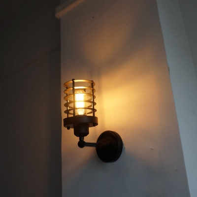 Wire Guard Cylinder Wall Sconce Industrial Wrought Iron Single Light Wall Lamp in Black for Staircase