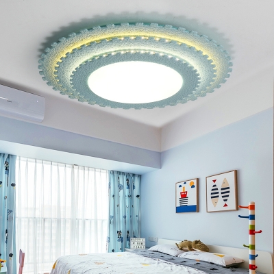 Wooden 3 Tiers Ultra Thin Flushmount Stylish Children Bedroom LED Flush Light Fixture in Green