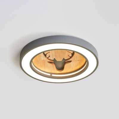 Wooden Elk Design Flushmount with Round Shade Nordic Style Boys Girls Bedroom LED Lighting Fixture