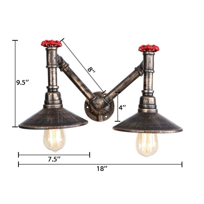 2 Bulbs Flared Wall Mount Fixture with Metal Shade Retro Style Lighting Fixture in Aged Bronze