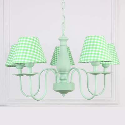 5 Lights Coolie Chandelier with Trellis Pattern Lodge Style Fabric Shade Hanging Lamp in Green