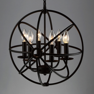 6 Light LED Orb Chandelier in Wrought Iron Industrial Style Restaurant Kitchen Globe Pendant Light in Black