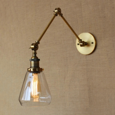 Adjustable 1 Bulb Cone Wall Lamp Vintage Clear Glass Wall Mount Light in Brass for Office