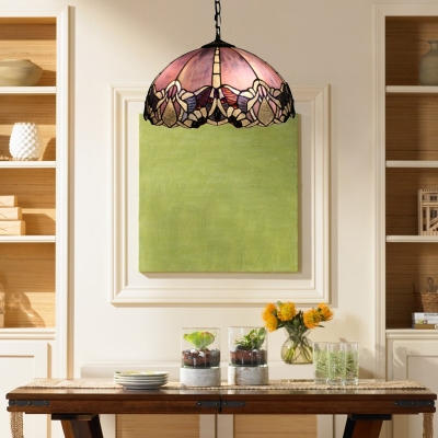 Baroque Style Brightly Hued 2 Light Ceiling Pendant with Tiffany Dome Pattern Glass Shade for Living Room