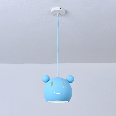 Cartoon Mouse Suspended Light Baby Kids Room Metallic 1 Bulb Pendant Light in Blue/Gray/Pink