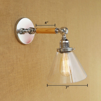 Chrome Finish Cone Wall Mount Light Modernism Clear Glass 1 Bulb Wall Sconce for Corridor