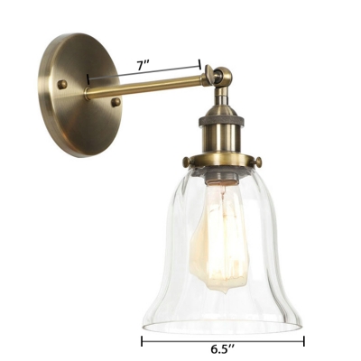 Clear Glass Armed Sconce Light with Bell Shade Vintage Single Head Small Wall Lamp in Bronze