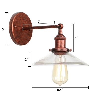 Clear Glass Armed Wall Lamp with Shallow Round Shade Loft Style 1 Light Sconce Light in Rust for Foyer