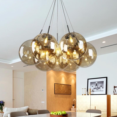 Cognac Glass Orb Cluster Pendant Light Modern Multi Light Hanging