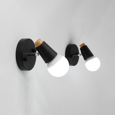 Open Bulb Wall Sconce with Round Metal Base Simplicity Single Head Wall Lamp in Black for Bedside