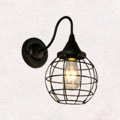 Sphere Wall Mount Light with Metal Cage Retro Style Single Light Wall Lamp in Black for Corridor