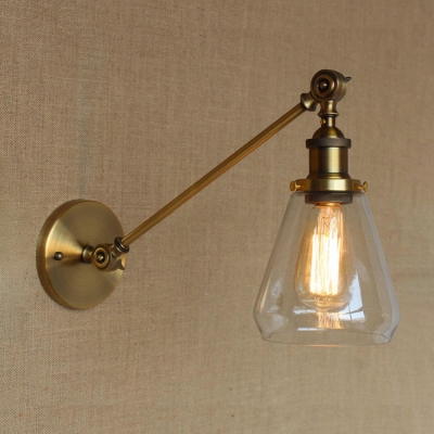 Vintage Swing Arm Wall Sconce with Cone Shade Clear Glass 1 Bulb Wall Lighting in Aged Brass