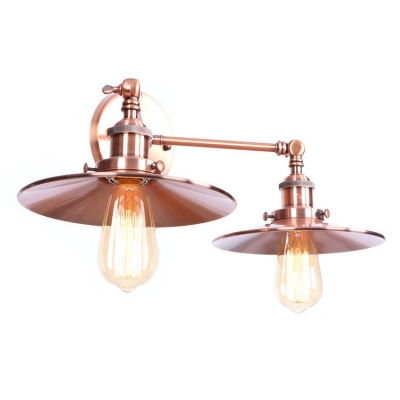 2 Heads Armed Lighting Fixture with Flared Shade Vintage Retro Metallic Wall Lamp in Copper