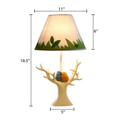 Antler Design 1 Head Table Lighting with Bird Bedside White Finish Fabric Shade Table Lamp for Bedroom