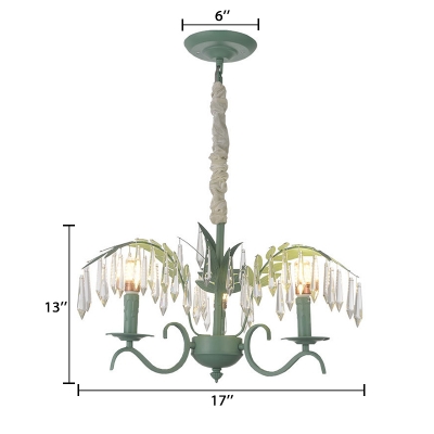 Candle Style Suspension Light with Crystal Decoration Vintage Triple Heads Chandelier Lamp in Green