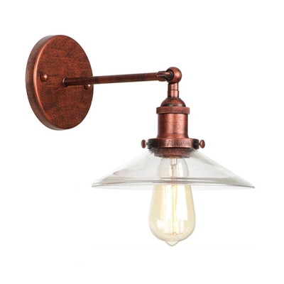 Clear Glass Armed Wall Lamp with Shallow Round Shade Loft Style 1 Light Sconce Light in Rust for Foyer