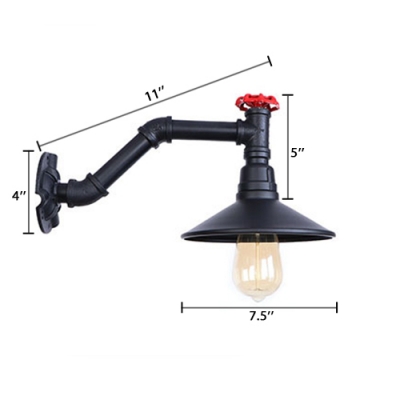 Cone Shade Wall Mount Fixture with Valve Industrial Iron Single Light Sconce Lighting in Black