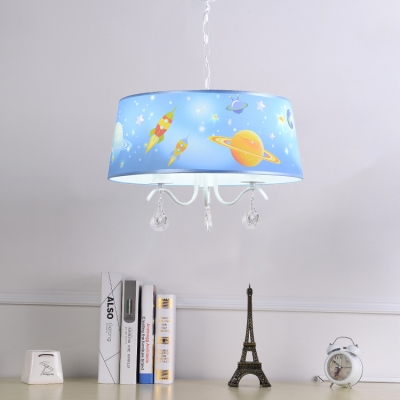 Drum 3/5 Lights Chandelier with Crystal Astronomy&Space White Finish Metal Hanging Lamp for Boys Girls Room