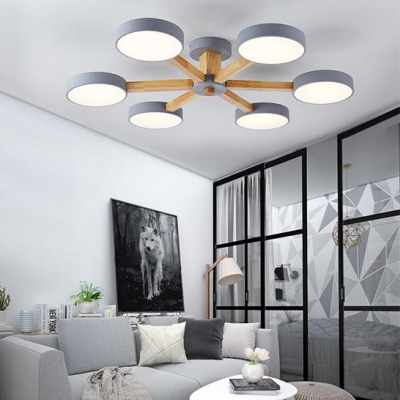 Gray Branching Chandelier with Round Shade Wooden 3/6 Lights Semi Flush Mount for Living Room