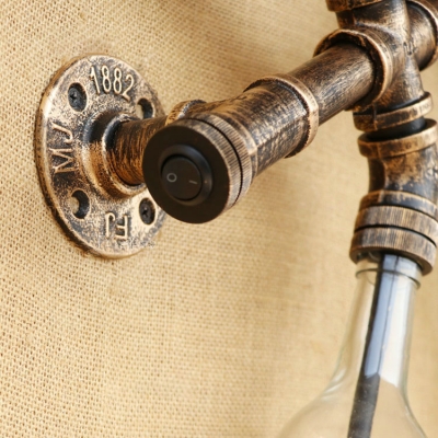 Industrial Pipe Wall Sconce with Clear Wine Bottle Glass Shade, Spider Pipe Fixture Body
