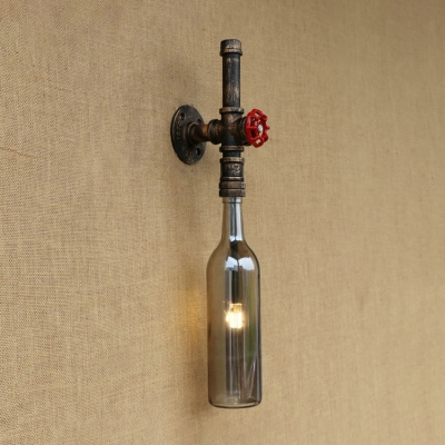 Industrial Wall Light with Clear Wine Bottle Glass Shade with Valve Decorative Pipe Fixture Arm