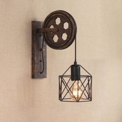 Metal Frame Suspender Wall Light with Wheel Decoration Industrial Retro Style 1 Bulb Wall Lamp in Black