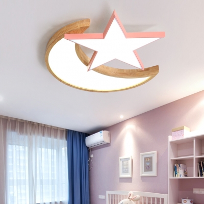 Moon and Star LED Flush Light Modern Blue/Pink Metal and Wood Ceiling Lamp for Children Room