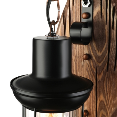 Restoration Style Industrial Metal Cylinder Glass Shade Metal Sconces with Wooden Canopy