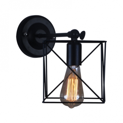 Square Metal Frame Sconce Light Vintage 1 Bulb Wall Mount Fixture in Black for Staircase