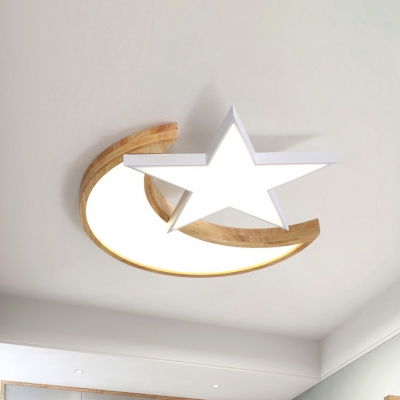 Wood LED Flush Light with Moon and Star Nordic Style Gray/White Ceiling Fixture for Amusement Park