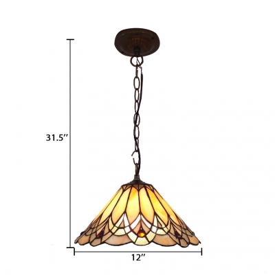 12/14-Inch Wide Conical Shade Ceiling Fixture with Tiffany Vintage Art Glass in Multicolor Finish