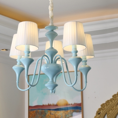 3/5 Lights Curved Arm Hanging Lamp with Fabric Shade American Retro Chandelier Light in Blue