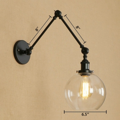 Black Finish Orb Wall Lighting with Adjustable Arm Industrial Clear Glass Single Light Wall Lamp