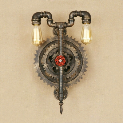 Bronze Finish Gear Design Wall Light Rustic Style Iron 2 Lights Sconce Light for Living Room