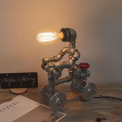 Industrial Plumbing Robot Table Lamp in Silver Finsh wiht Valve and Wheel Accent