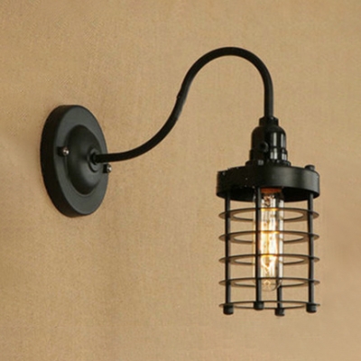 

Metal Frame Cylinder Wall Lamp with Curved Arm Industrial 1 Bulb Wall Sconce in Black for Porch, HL499040