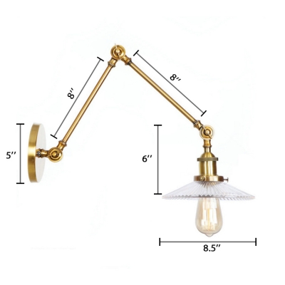 Metallic Swing Arm Sconce Light with Clear Glass Shade Vintage 1 Light Lighting Fixture in Brass