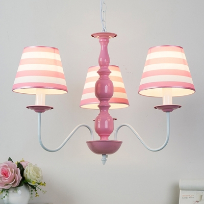 Pink Strips Design Ceiling Pendant Light American Retro Fabric 3/5 Lights Chandelier for Girls Room